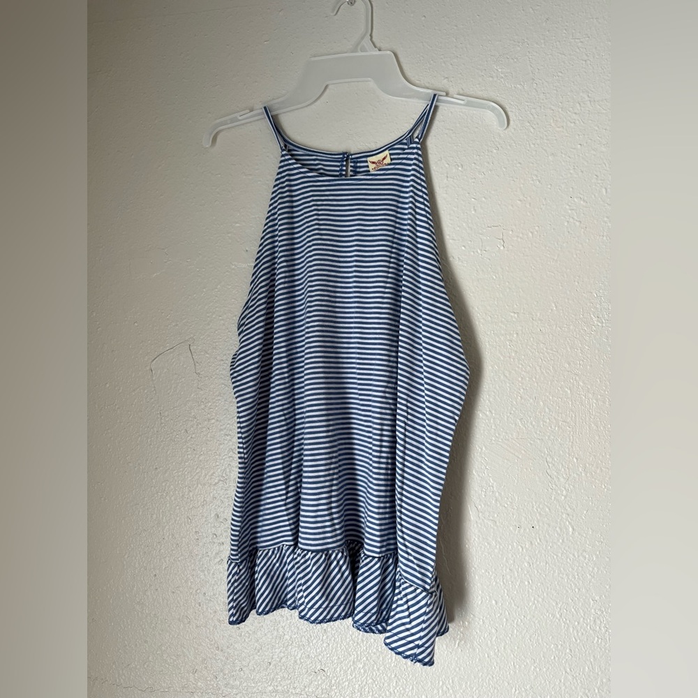 Women’s flowy, blue and white, striped halter neck, tank top with keyhole back